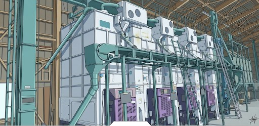 設備が並ぶ作業場のイラスト