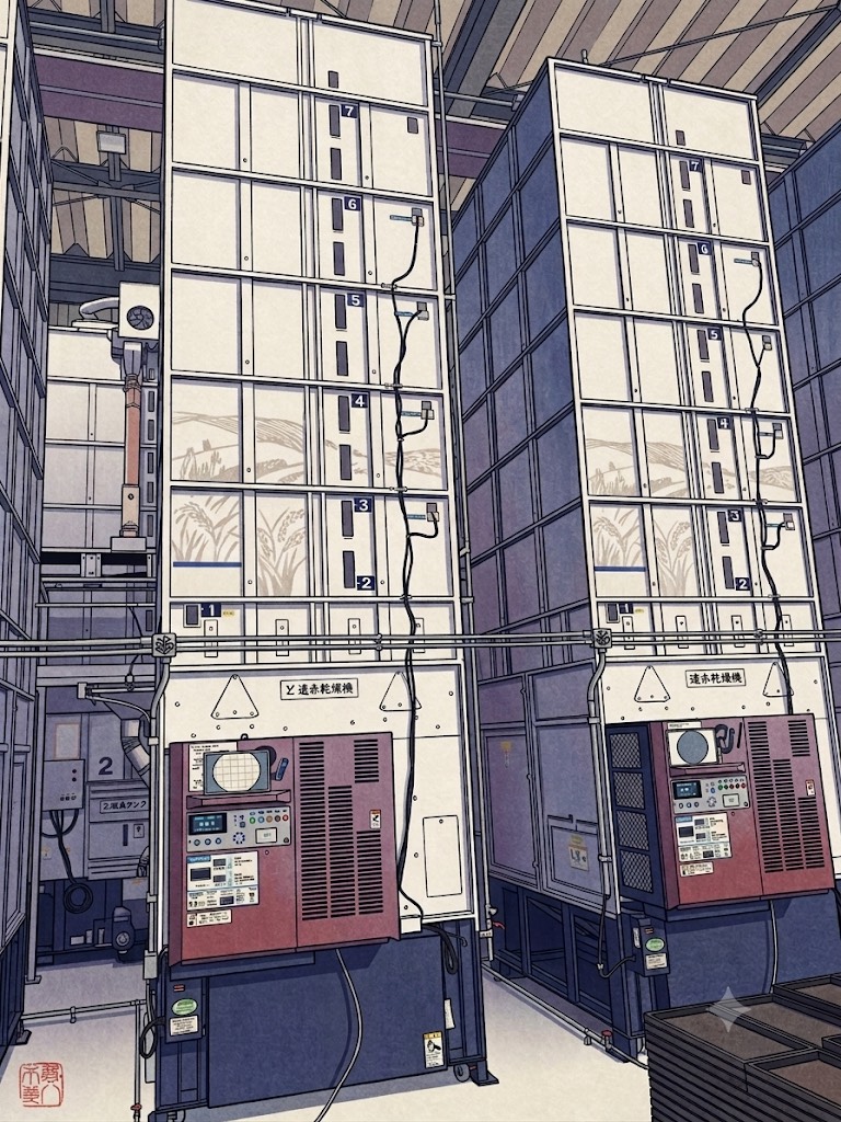 連なる乾燥機を見上げたイラスト